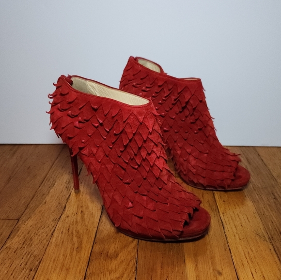 Christian Louboutin Red Suede Diplonana 120 Peep Toe Ankle Boots - Picture 2 of 13